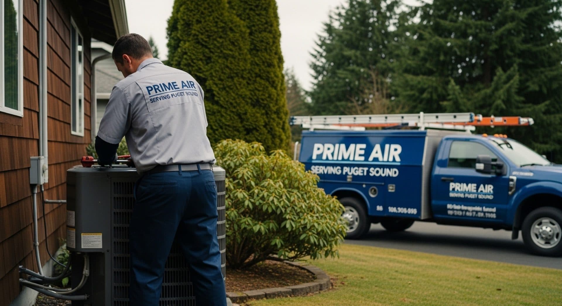 HVAC heating and cooling contractor with service van for emergency repairs