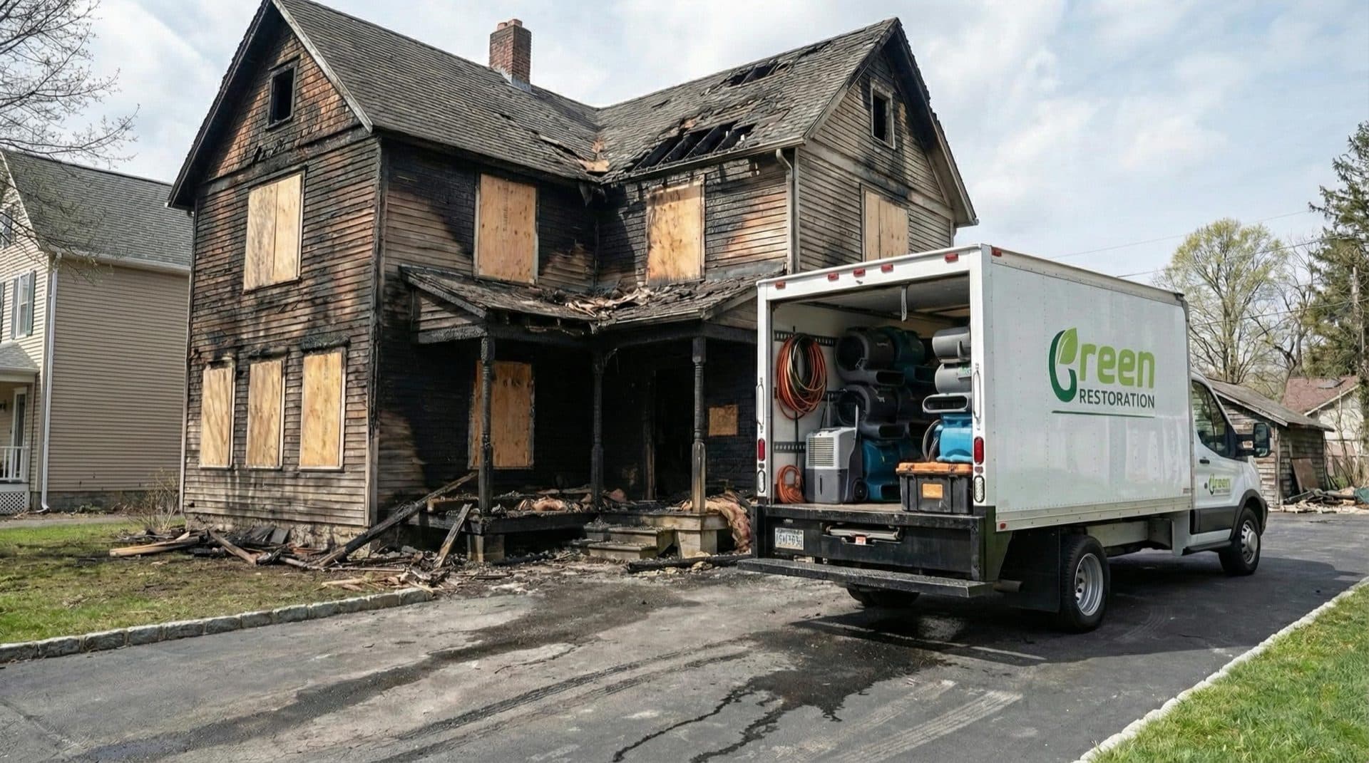 Water damage and fire restoration contractor warehouse with branded fleet vehicles